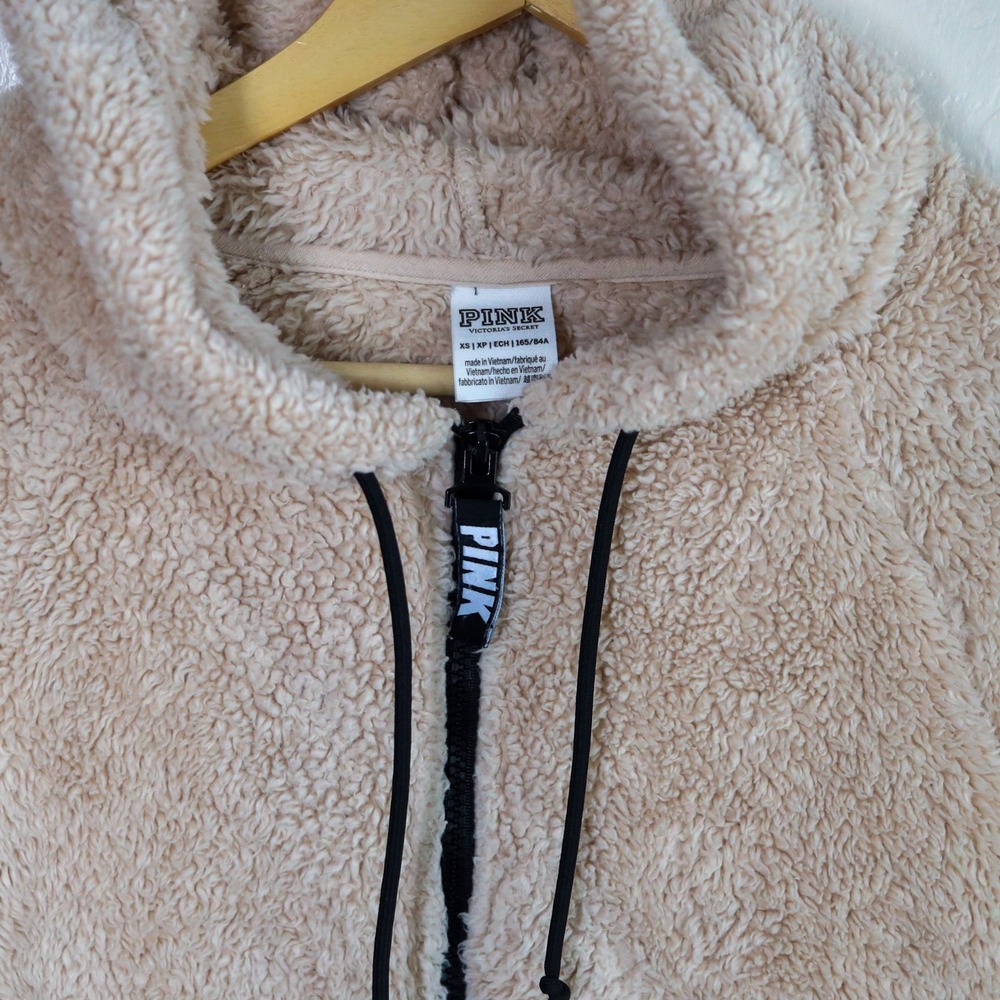 PINK‎ Victoria's Secret Sherpa Teddy Fleece Hoodie XS Beige Quarter Zip Pullover - Picture 8 of 12